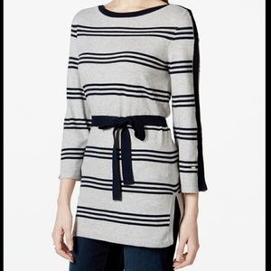 Tommy Hilfiger belted striped tunic sweater gray M